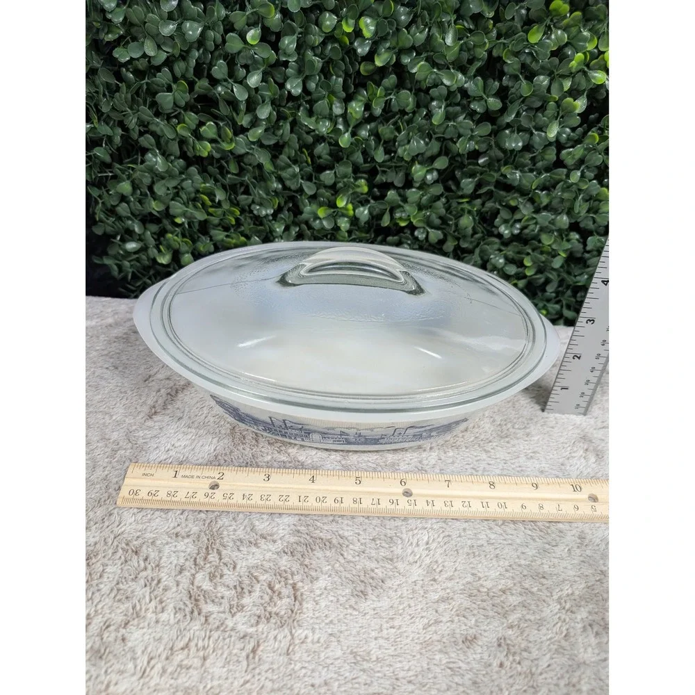 Vtg Glasbake Currier & Ives Blue Steamboat Milk Glass Oval Casserole Dish w/ Lid